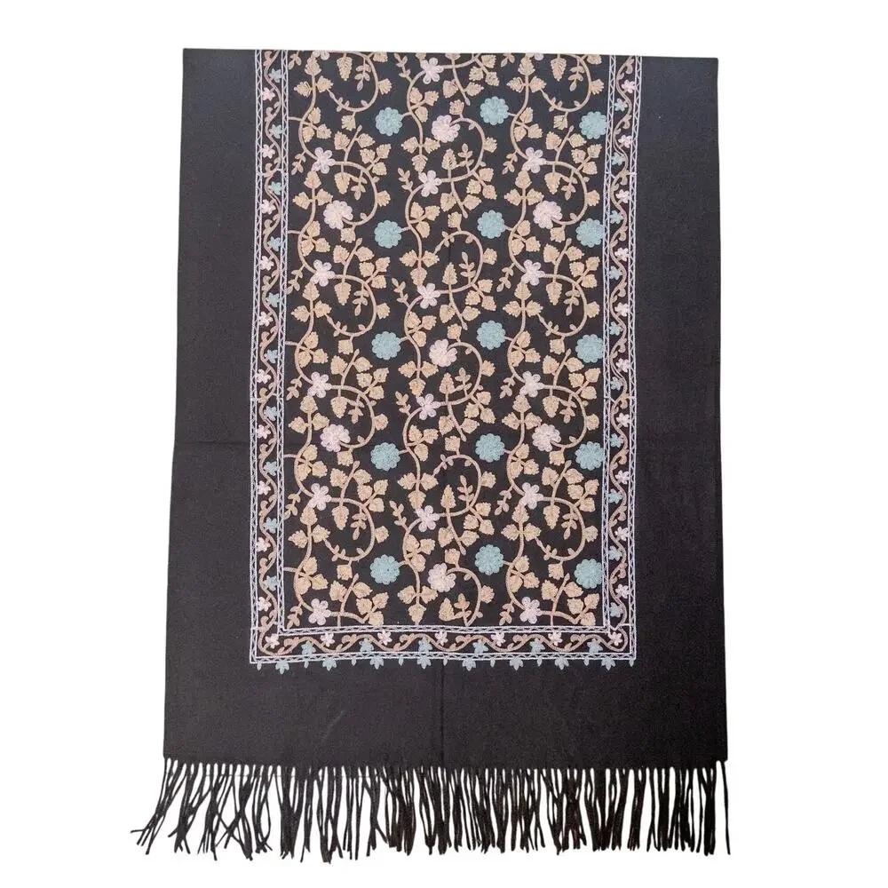100% Cashmere Embroidered Shawl Wrap Scarf Black Floral Fringe Large
